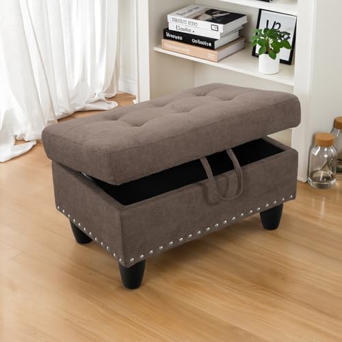 Chesterfield Ottoman with Storage,28.5" Large Square Storage Retro Rivet Ottoman Footstool Bench Coffee Table with Thick Cushion for Home Decor/Entryway/Living Room/Bedroom/Rv,Brown Flannel - color: Brown Flannel