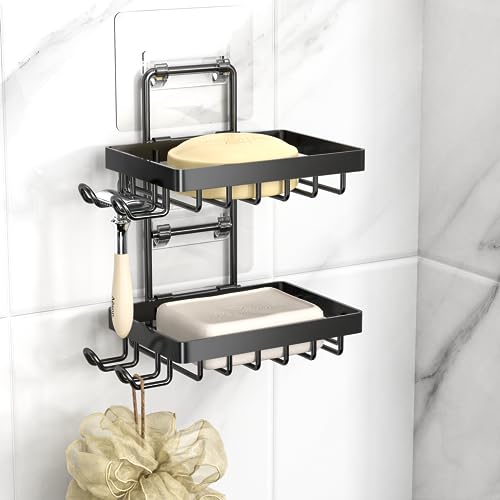 Moforoco Double Soap Bar Holder for Shower, No Drilling, 304 Stainless Steel, Wall Mounted Soap Holder with 4 Hooks and Razor Holder, Shower Rack Soap Tray Bar Soap for Bathroom Accessories Organizer - color: Black, size: 2-T Adhesive