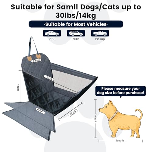 Front Seat Dog Car Seat for Small/Medium Dogs with Door Protection – Full Coverage Waterproof Pet Booster Seat with Mesh Window, Zippered Side Flaps, Safety Buckle, Grey Linen Fabric