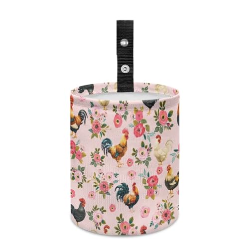 Renewold Car Trash Can Foldable with Adjustable Button Straps Pink Floral Chickens Rooster Organizer Bag for Car Trip Camping Picnic Auto Garbage Can for Console Seat Trash Bin for SUV Van Sedan Truck - color: Pink Floral Chickens Rooster