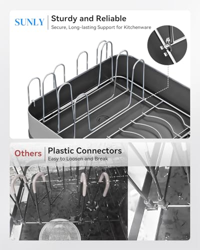 SUNLY Expandable Dish Drying Rack, Versatile Brackets for Pots & Pans, Space Saving Kitchen Drying Rack, Dish Racks for Kitchen Counter, Stainless Steel Dish Drainers with Extendable Spout, Black - color: Black + Silver