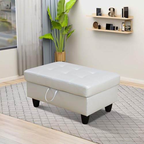 Ottoman, Faux Leather Storage Ottoman Bench, Modern 33.5" Large Square Entryway Bench Ottoman with Storage for Living Room/Apartment/Bedroom/Rv Car,Silver Grey - color: Silver Grey, size: 33.5 inch