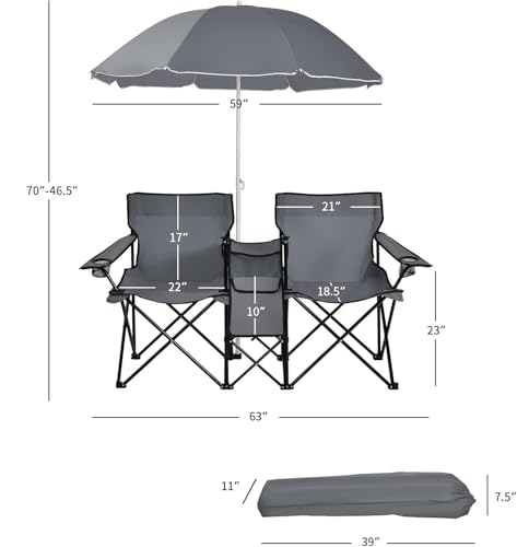Goplus Double Camping Chair with Umbrella, Folding Loveseat Chairs w/Canopy Shade, Carrying Bag, Table, Cup Holder, Portable Beach Chairs Outdoor Picnic Patio (Grey) - color: Grey