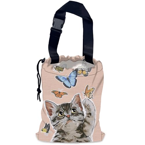 Cute Cat Car Garbage Bag,Flying Butterflies Waterproof Small Car Trash Bag Hanging Back of Seat,Drawstring Hanging Car Trash Bag with Adjustable Buckle for Car Accessories - color: Cute Cat