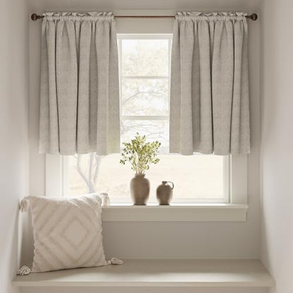 jinchan Linen Kitchen Curtains 24 Inch Length Window Treatment Farmhouse Rustic Cafe Curtains for Living Room Bedroom Rod Pocket Room Darkening 2 Panels Greyish Beige - color: Greyish Beige, size: 25"W x 24"L (Pack of 2)