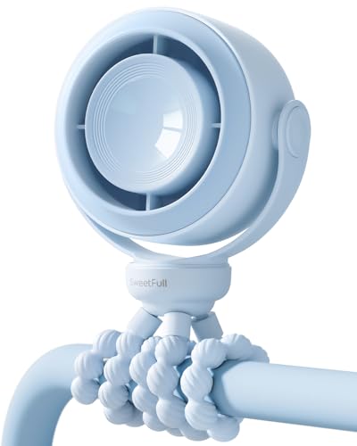 SWEETFULL Portable Stroller Fan, Pinch-Proof Baby Fan, 5-Speed Quiet Mini Clip on Fan, USB-C Rechargeable Battery, LED Display for Car Seat, Crib & Travel - Blue - color: Blue