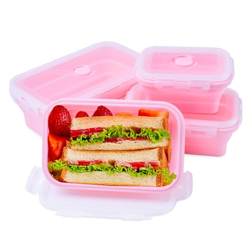 4 Pack Silicone Collapsible Bowls with Lids for Camping, Square Food Storage Containers Set, Leak-Proof & Portable Collapsible Kitchen Containers for Travel, Hiking, Picnic & Meal Prep - color: Square_Pink_4 Size