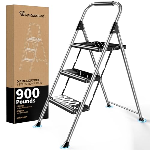 DIAMONDFORGE 3 Step Ladder, Folding Step Stool with Anti-Slip Wide Pedal, Soft Handle, Anti-Slip Feet, Sturdiest Steel Construction, 900lbs Capacity Steel Ladder for Home and Office, Grey - color: Gray, size: 3 Step without Tool Platform