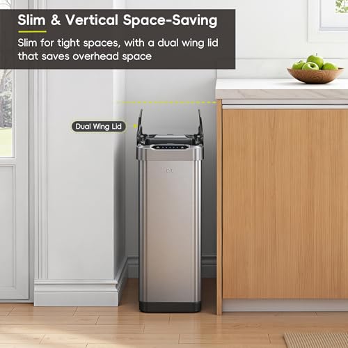 EKO Phantom-T 50 Liter / 13.2 Gallon Vertical Motion Sensor Trash Can, Brushed Stainless Steel Finish - size: Phantom 50L - Stainless Steel