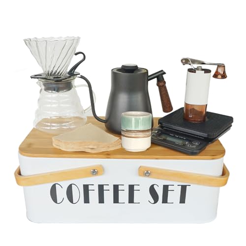 SOTECH Pour Over Coffee Maker Set Coffee Kettle Scale Server Dripping Cup Bean Grinder Filter Paper Ceramic Cup ALL in 1 Great Portable Metal Box for Traveling Excellent Coffee Gift - color: white