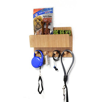 Bamboo Pet Supply Organizer All-in-One Wall Mounted Dog Leash Holder/Rack Extra Space Compartment for Storage of pet Essentials Treats/Keys/Toys