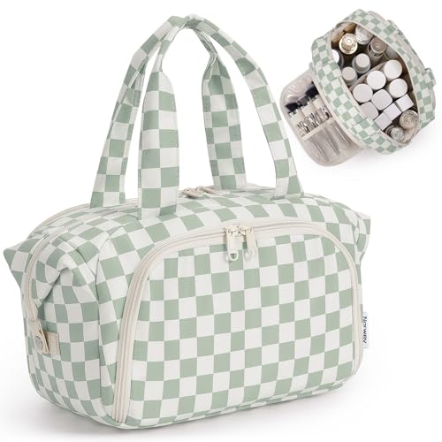 Narwey Travel Toiletry Bag for Women, Checkered Large Makeup Bag, Wide Open Cosmetic Make Up Organizer with Handle, Wet Pocket for Towel, Travel Bag for Toiletries, Brushes, Essentials (Green Checker) - color: Mint Green Checkerboard