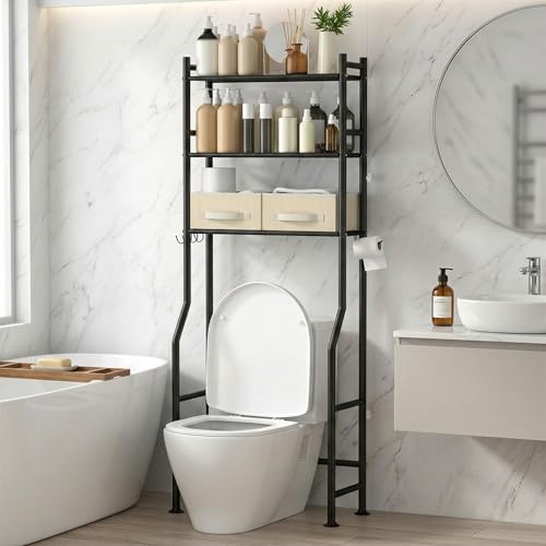GloTika 3-Tier Over Toilet Storage with 2 Basket & Anti-Tilt System - 150lb Total Capacity Metal Bathroom Shelves Including Paper Holder & 4 Hooks, Space Saving Above Commode Organizer (64" H, Black) - color: Black-with 2 Basket, size: 3-Tier