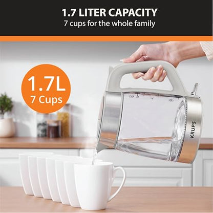 KRUPS Electric Kettle, 1.8-Qt (1.7L) Tea Kettle, 1500W with LED indicator, Hot Water Boiler, Auto Shut-off, Rapid 80-Second Cup Boiling, Safe Boil-dry Protection, Water Heater, Glass Carafe, Grey - style: Glass Kettle