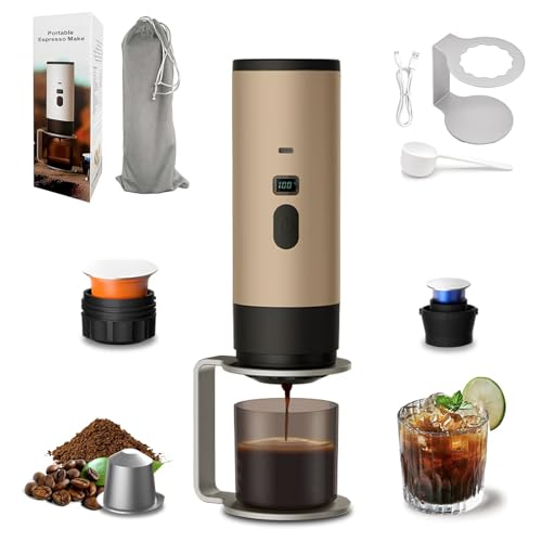 3-in-1 Portable Coffee Maker, 15 Bar Portable Espresso Machine with LED Display and 90ml Sink, Compatible with Ground Coffee & Capsules(Ns&DG) for RV, Hiking, Office, Auto-Heating, USB-C (Champagne) - color: Champagne