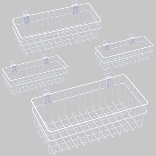 4 Pack Large Slatwall Baskets Set, Ventilated Metal Hanging Storage Slat Wall Basket, Mounted Slatwall Accessories for Garage Storage Organizing Display on Slatwall Panels bins (White) - color: White