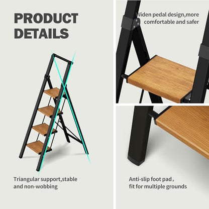 4 Step Ladder,Lightweight Folding Step Stool with Aluminum Wide Pedal& Convenient Handgrip,330lbs Capacity Steel Ladder for Household and Office(Black &Woodgrain) - color: Black&woodgrain, size: 4 Step