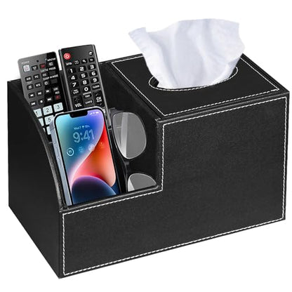 PU Leather Square Tissue Box Cover - Multi-Functional Tissue Box Holder, Tissue Box Cover with Storage,Tissue and Remote Control Holder, Cube Tissue Box Organizer Bedroom Nightstand End Table - color: Black