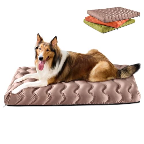 Washable Dog Bed, Cooling Dog Crate Bed Mat with Memory Foam, Water-Resistant Outdoor Dog Bed for Large Medium Small Dogs - color: beige, size: 36"L x 27"W x 3"Th