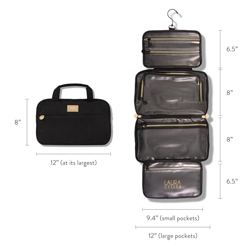 LAURA GELLER NEW YORK Quilted Folding Travel Makeup Bag, Black - Hanging Toiletry Bag Organizer for Travel - Large Capacity Full Size Makeup Bag - Easy to Clean