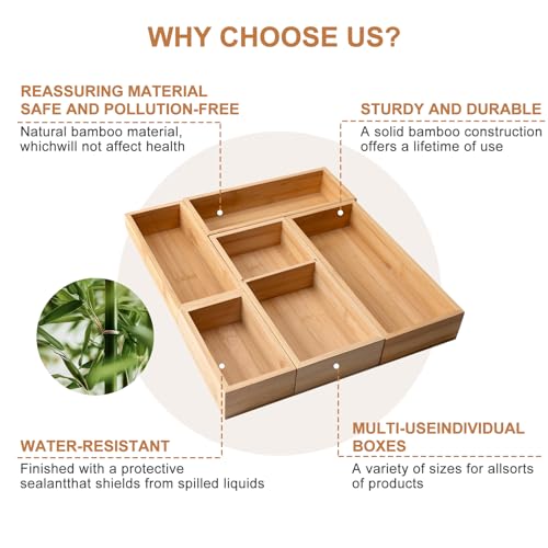 Bamboo Drawer Organizer 5 Pcs for Kitchen Multi-purpose Storage Dividers for Kitchen, Office, Jewelry, Cosmetics, Wooden Drawer Dividers for Drawer Organizer Desk Organizer Gift for Women Gifts Idea