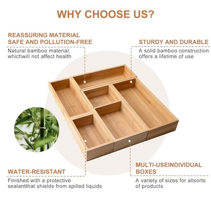 Bamboo Drawer Organizer 5 Pcs for Kitchen Multi-purpose Storage Dividers for Kitchen, Office, Jewelry, Cosmetics, Wooden Drawer Dividers for Drawer Organizer Desk Organizer Gift for Women Gifts Idea