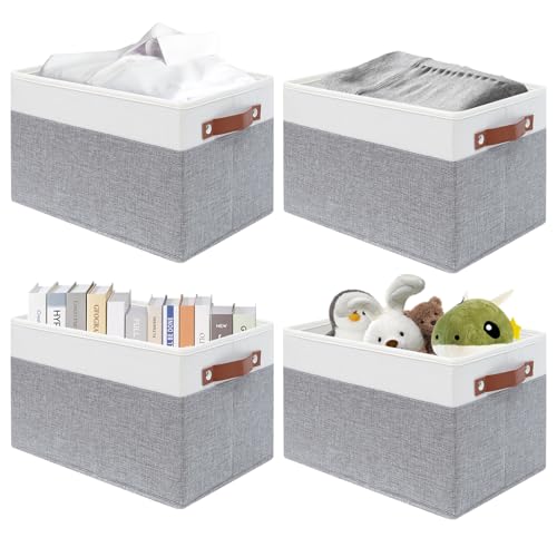 SNWDN 4 Pack Fabric Storage Baskets for Organizing Collapsible Fabric Storage Bins with Handles for Home organization and storage (White/Grey 15''Lx10.2''Wx9''H) - color: White/Grey, size: Rectangle (4 Pack 15''Lx10.2''Wx9''H)