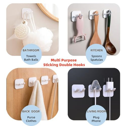 Adhesive Utility Hooks,Waterproof Sticking Double Hooks,No Damage Wall Hanger,Multi Purpose White Plastic Hook for Shaving Razor, Towel, Robe,Plug, Keys, Kitchen Utensils(5)