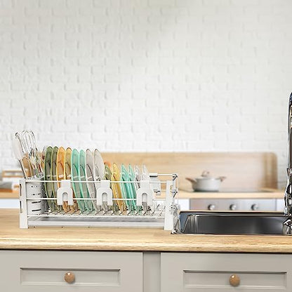 Simple Houseware White Dish Drying Rack with Drainboard, Utensil Holder & Mug Hooks – Metal Kitchen Counter Organizer - color: White