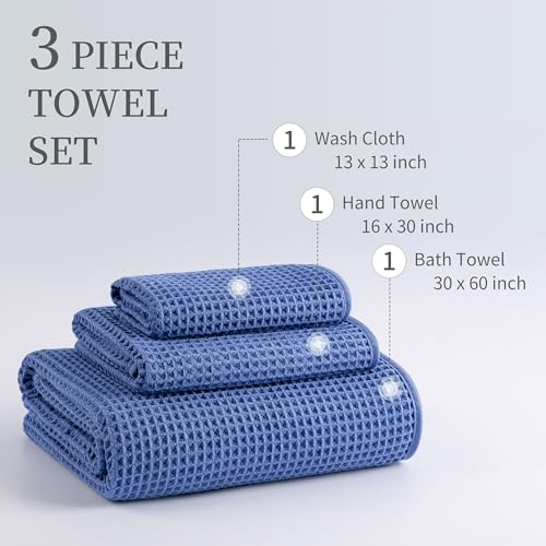 MICROFI New Microfiber Waffle Bath Towels, 3 Pieces, Oversized, Soft, Absorbent, Fast Drying, Lint Free, Includes Bath, Face and Hand Towels 430 GSM (Dark Blue) - color: Dark Blue