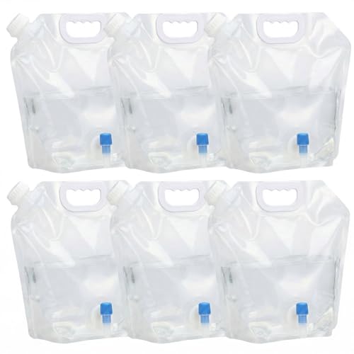 6 Pack 1.3 Gal (5L) Collapsible Water Containers with Spigot & Top Fill Cap, Dual Opening BPA Free PE Water Jug, Leak-Proof Storage Bag for Camping, Hiking and Outdoor Use, Portable & Foldable