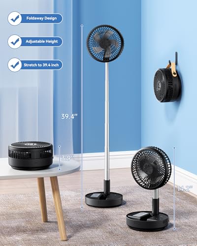 Portable Oscillating Travel Fan, 10400mAh Battery Operated Rechargeable USB Floor Table Desk Fan with Remote, 4 Speed Settings Pedestal Fan for Home Bedroom Office Camping, Black 8" - color: Black-10400mAh
