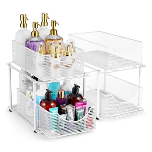 Sorbus 2 Sets of 2 Tier Metal Under Sink Organizer for Bathroom, Kitchen, Strong Steel Mesh Sliding Drawers for Under Sink, Under Cabinet, Closet, Kitchen, Pantry, Bathroom Organizers and Storage - color: White, size: 2 Pack