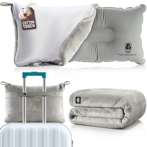 Travel Blanket and Pillow Set — Airplane Blanket with Inflatable Pillow and Cotton Pillowcase, Travel Blanket Combo with Back-Neck Snaps for Long Flights - color: Grey Set, size: 64x43''