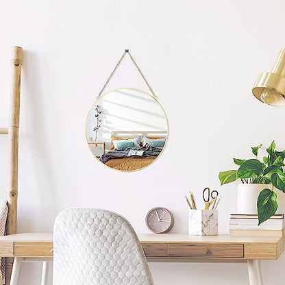 LONGWIN Hanging Wall Circle Mirror Decor Gold Geometric Mirror with Chain for Bathroom Bedroom Living Room 11.8" - size: 11.8"L x 11.8"W