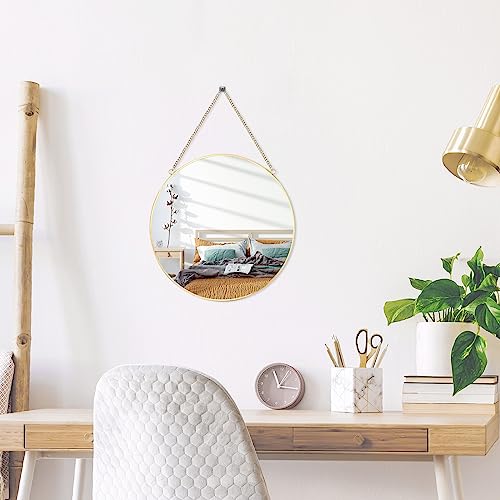 LONGWIN Hanging Wall Circle Mirror Decor Gold Geometric Mirror with Chain for Bathroom Bedroom Living Room 9.8" - size: 12.9"L x 9.8"W