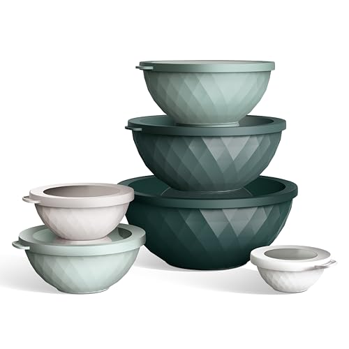 COOK WITH COLOR Mixing Bowls with Lids - 12 Piece Plastic Nesting Bowls Set includes 6 Prep Bowls and 6 Lids, Microwave Safe Mixing Bowl Set, Green Diamond - color: Green Diamond