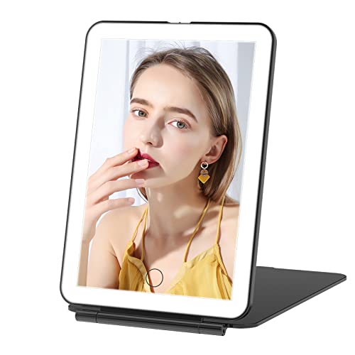 FUNTOUCH Rechargeable Travel Makeup Mirror with 72 Led Lights, Portable Lighted Beauty Mirror, 3 Color Lighting, Dimmable Touch Screen, Tabletop LED Folding Cosmetic Vanity Mirror - color: Black