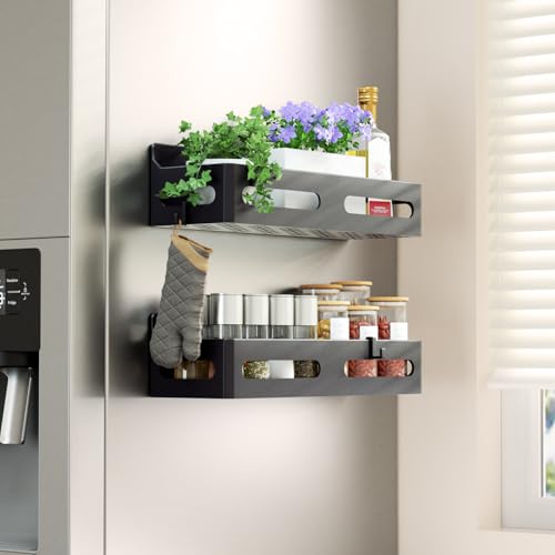 Sevenblue 2 Pack Strong Magnetic Spice Rack for Refrigerator, Multipurpose Magnetic Shelf for Fridge with 4 Hooks for kitchen and Bathroom Organization, Black - color: Black, size: 2 Pack