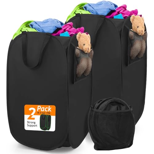 Upgraded Polyester Pop-up Laundry Hamper 2 Pack, 70L(18.5 Gal) Laundry Basket with Durable Handles Solid Bottom High Carbon Steel Frame and Side Pocket, Easy to Open Fold Flat for Storage - color: Black, size: 2-Pack
