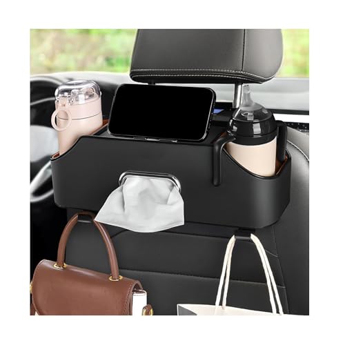 Car Seat Back Organizer with 2 Drink Cup Holder, Headrest Rear Seat Storage Organizer with Tissue Box and Hook, Multi-Functional Backseat Hanging Storage Box for Kids Travel (Black) - color: Black