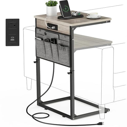 Vagusicc C-Shaped End Table with Charging Station, Small Side Table for Couch, 33" Tall C Table Adjustable Height Side Table, Couch Tables that Slide Under, Sofa Table TV Tray for Living Room,Gray - color: 1pc Greige