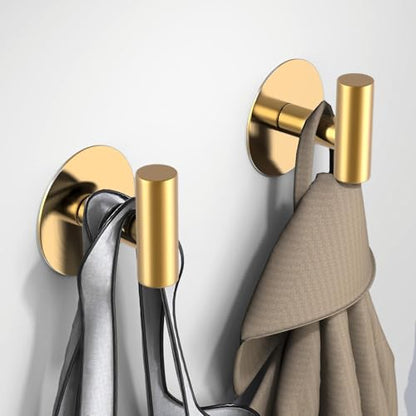 Gold Stainless Steel Wall Hooks, Heavy Duty Self-Adhesive Hooks for Coats, Towels, Robes, Hats, Aprons – No Drill Bathroom, Kitchen, Hotel (2 Pack) - color: Gold, size: Adhesive "T" Shape- 2 Pack