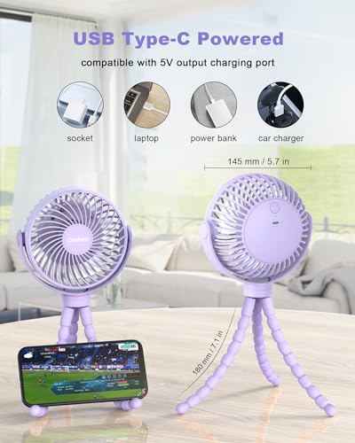Coohea Stroller Fan Clip on for Baby, 4000mAh Rechargeable Battery Operated, Flexible Tripod, 3 Wind Speed, 360° Rotatable, Small Portable Fan for Car Seat Crib Backseat Beach Travel Camping, Purple - color: Purple