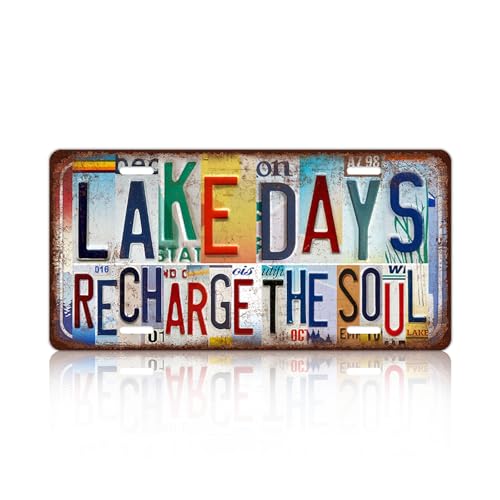 Vintage Wall Decor Lake Days Recharge The Soul License Plate | Lakehouse Metal Sign Tin Signs - color: plate-A-10