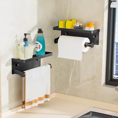 Black Paper Towel Holder with Shelf, Wall Mount Paper Towel Holder for Bathroom Kitchen, Hand Towel Rack Holder,Paper Roll Holder with Self Adhesive & Screw,RV - color: Black Pro