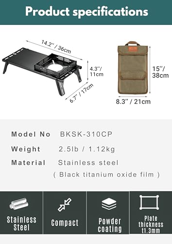 CAMPINGMOON Solo Camping Table Small Tabletop Heat Shield Windshield Stainless Steel Lightweight Compact with Storage Bag for ST-310 Alcohol Stove SK-310CP (Black) - color: Black