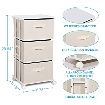 MAX Houser Dresser Tower with 3 Drawers for Bedroom, Fabric Storage Organizer Unit, Chest of Drawers with with WoodTop, Small Vertical Storage for Guest Room, Closet, Entryway(Beige) | Fabric Storage Organizer Unit, Chest of Drawers with with WoodTop, Sma