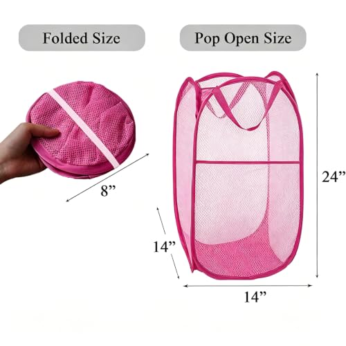 Larpur Popup Laundry Basket, Collapsible Portable Mesh Clothes Washing Laundry Hamper with Reinforced Carry Handles (Pink) - color: Pink