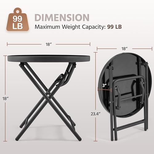 Yaheetech Outdoor Folding Side Table, Round Patio Folding End Table with Silk Tempered Glass Tabletop, Portable Small Garden Bistro Table for Garden Balcony Porch Deck, Black